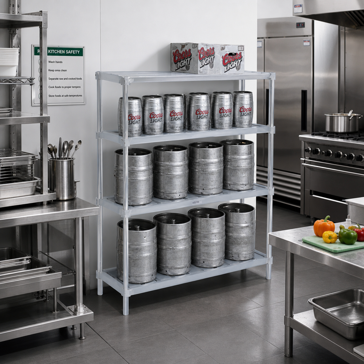 Product image #2 for Adjustable Aluminum Keg Storage Rack for 4 Half Barrels or 12 1/6 Barrels, 48 x 17 x 68 Inches