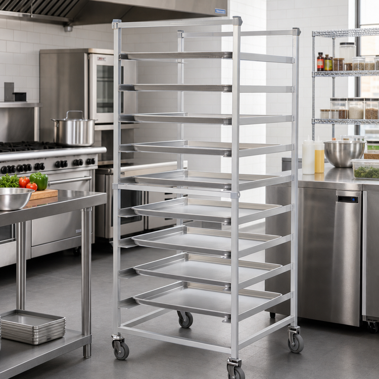 Product image #2 for Panco Mobile Full-Height Open-Sided Utility Rack for 18" x 26" Trays, 11 Capacity, Aluminum