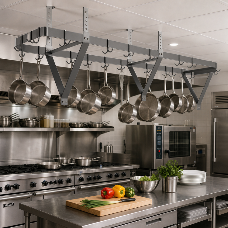 Product image #2 for Eagle Group Ceiling-Mounted Triple-Bar Aluminum Pot Rack, 64 x 20 x 18 Inches