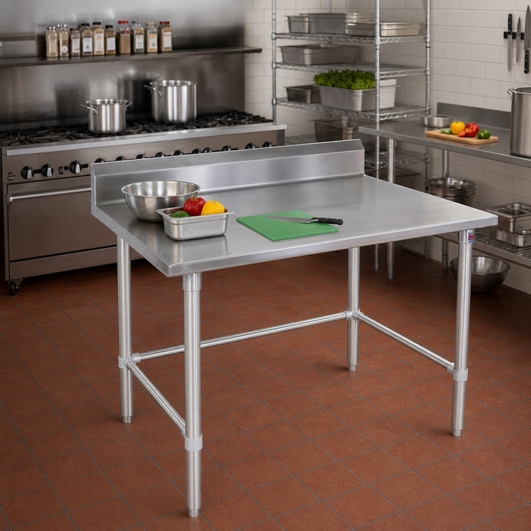 Product image #2 for John Boos Stallion 48" x 36" 14/300 Stainless Steel Work Table with 5" Backsplash and Galvanized Open Base