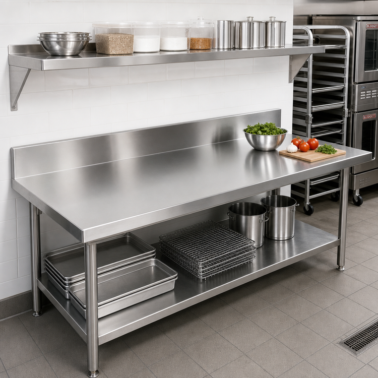 Product image #2 for John Boos 108 x 25-Inch Stainless Steel Countertop with 6-Inch Boxed Backsplash, 1-1/2-Inch Thick