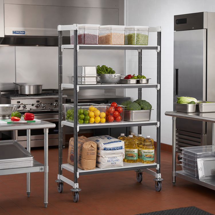Product image #2 for Cambro Camshelving Elements XTRA 18" x 54" x 70-1/4" High Density Mobile Starter Unit, 4 Solid Shelves, Speckled Gray