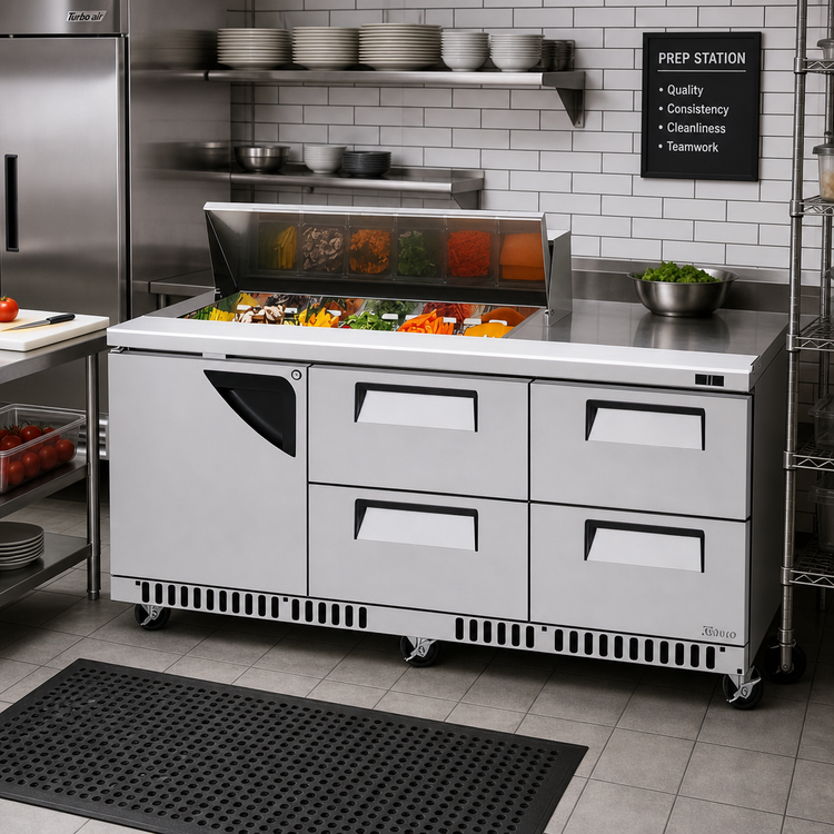 Product image #3 for Turbo Air Super Deluxe 72-5/8-Inch Three-Section Sandwich/Salad Prep Table with 12-Pan Top, 4 Drawers, and 1 Door