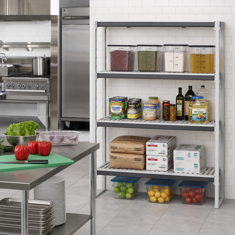Product image #2 for Cambro Camshelving Elements XTRA Universal Shelf Kit, 18 x 48 Inch, 4-Shelf Vented, Speckled Gray