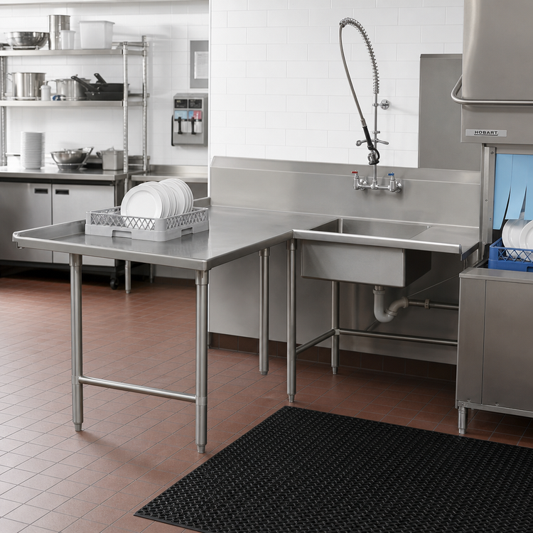 Product image #2 for John Boos Pro-Bowl L-Shaped Soiled Dishtable with Landing Shelf, Left-to-Right Operation, 70-Inch Machine-to-Corner x 120-Inch Corner-to-End