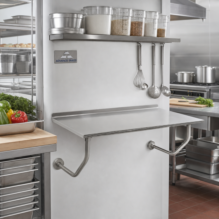 Product image #2 for Advance Tabco 14-Gauge 304 Stainless Steel Wall-Mounted Work Table with 1-1/2 Inch Rear Backsplash, 24 x 30 Inch