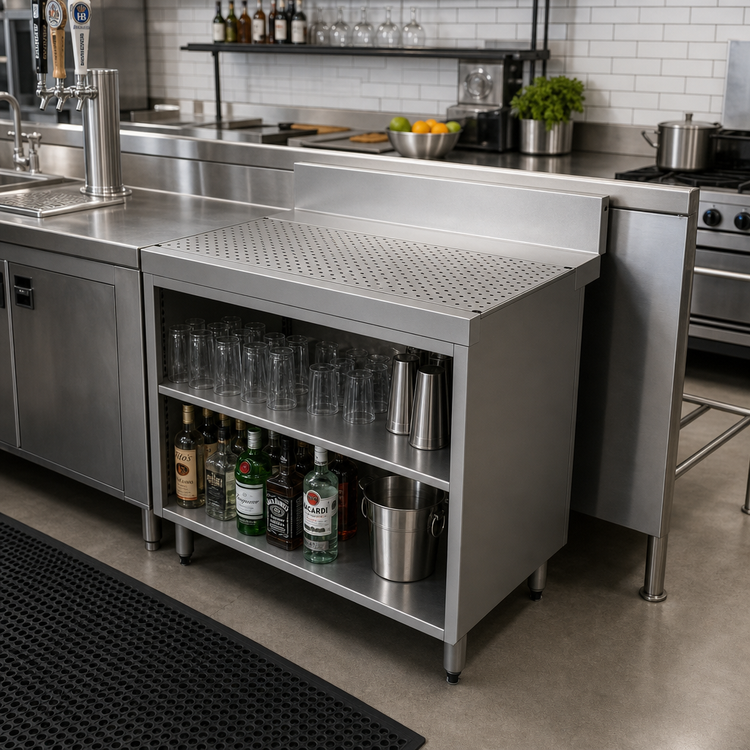 Product image #2 for Advance Tabco Prestige Supreme 48-Inch Stainless Steel Underbar Drainboard Cabinet with Open Front and 7-Inch Backsplash