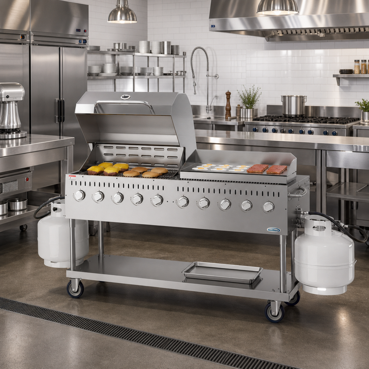 Product image #2 for KoolMore 72-Inch 10-Burner Commercial Outdoor Propane Gas Grill with 36-Inch Roll Dome Cover and 36-Inch Griddle