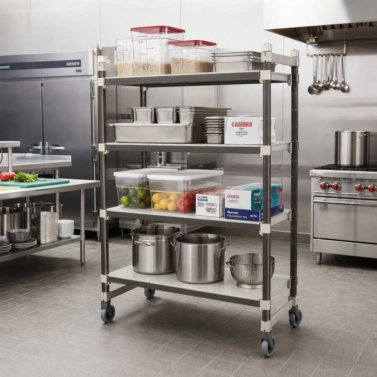Product image #2 for Cambro Camshelving Elements XTRA 4-Tier Solid High Density Top Rail Mobile Starter Unit, 18 x 48 x 80 Inches, Speckled Gray