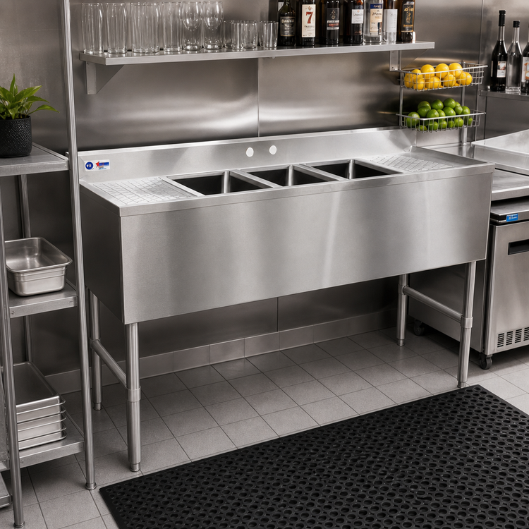 Product image #2 for Omcan USA 60-Inch Three-Compartment Underbar Sink with Left and Right Drainboards, 304 Stainless Steel