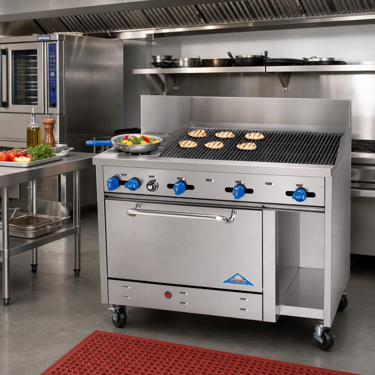 Product image #2 for Comstock-Castle F3430-3RB 48-Inch Gas Char-Broiler Range with 2 Open Star Burners, 36-Inch Char-Broiler, Oven, and Cabinet Base