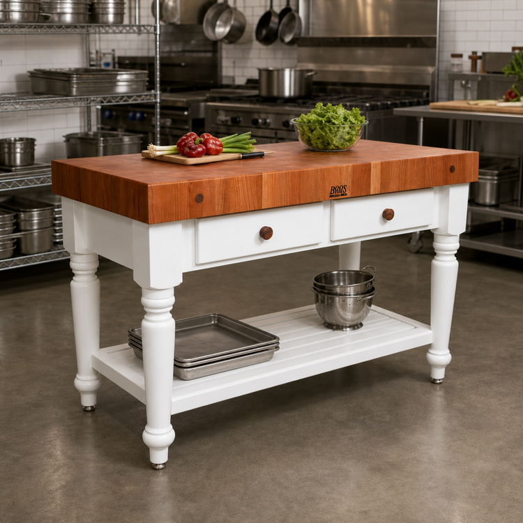 Product image #2 for American Heritage Rustica 48" x 24" End Grain Cherry Butcher Block Work Table with Lower Shelf and 2 Drawers