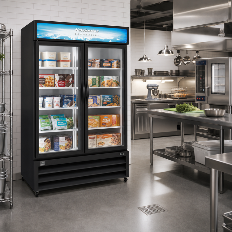 Product image #2 for Kelvinator Commercial 48 Cu. Ft. Two-Section Reach-In Glass Door Freezer Merchandiser, Bottom Mount