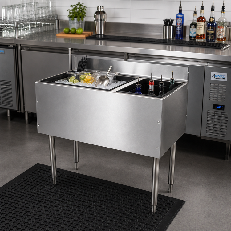 Product image #2 for CHOICE 36-Inch Stainless Steel Underbar Combo Ice Bin/Cocktail Unit with 10-Circuit Cold Plate and Right-Side Bottle Storage