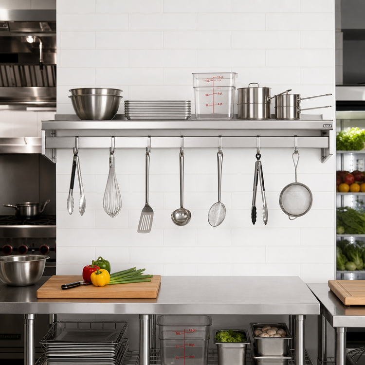 Product image #2 for Eagle Group Wall-Mounted Stainless Steel Pot Rack Shelf, 84 x 18 Inches, with 7 Removable Hooks