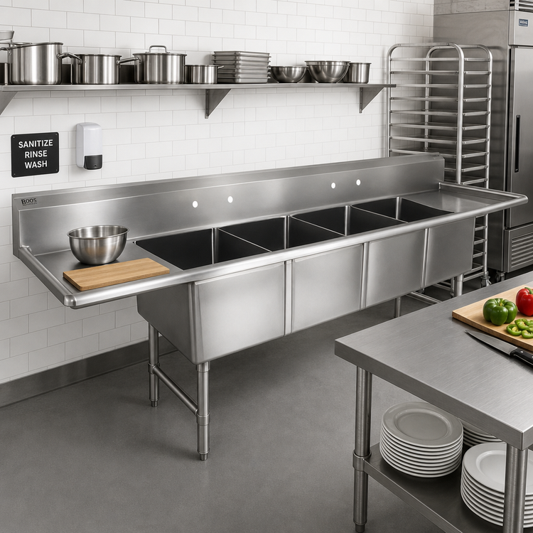 Product image #2 for John Boos B Series 4-Compartment Stainless Steel Sink with Dual Drainboards, 111-1/4 Inch Wide