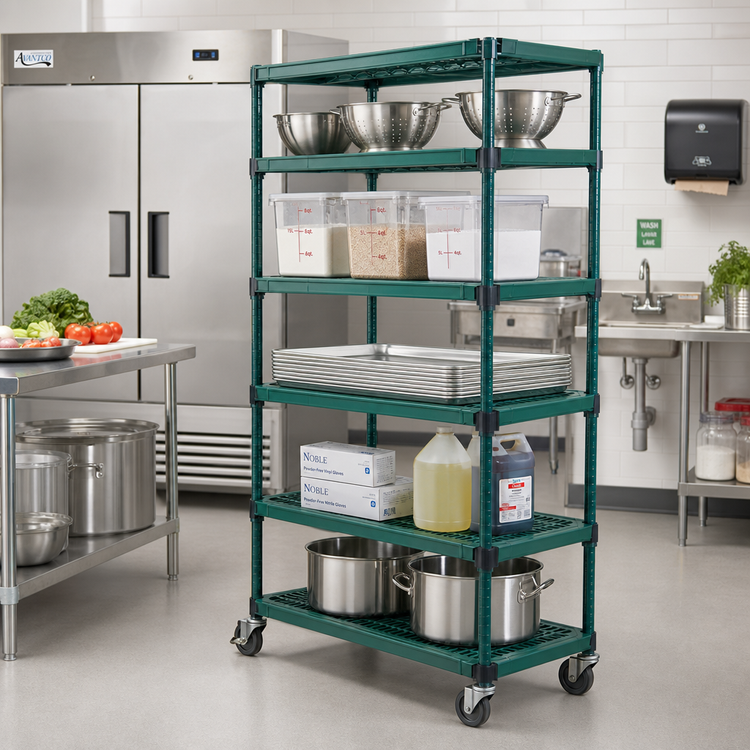 Product image #2 for QuadPlus Mobile 5-Tier Wire Shelving Starter Unit with Casters, 36W x 21D x 74H, Green Epoxy Finish