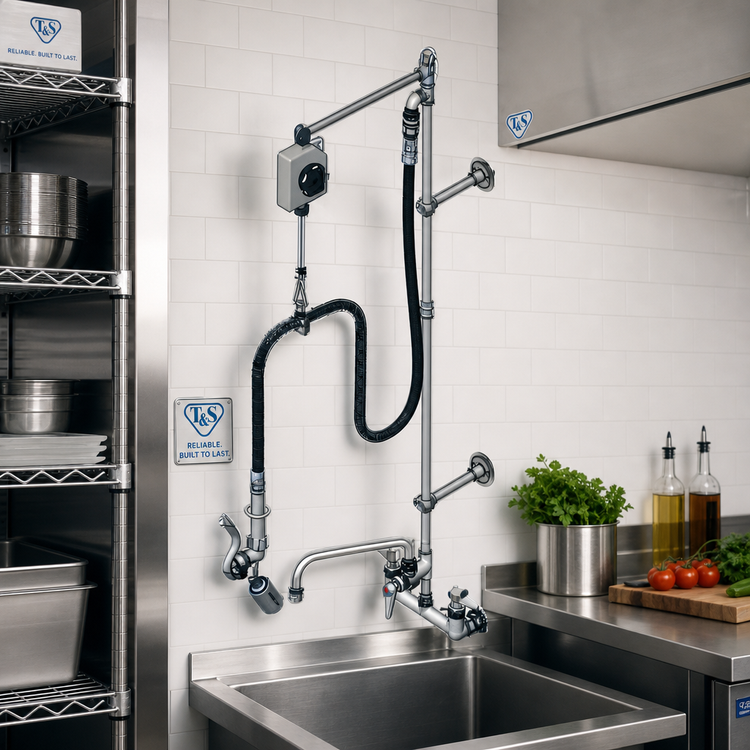 Product image #2 for T&S Brass EasyInstall Wall-Mount Pre-Rinse Unit with Add-On Faucet, 8-Inch Adjustable Centers, 12-Inch Swing Nozzle, and 0.65 GPM Spray Valve