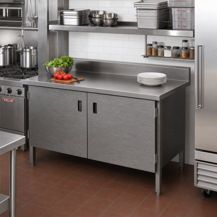 Product image #2 for John Boos Enclosed Base Work Table with Hinged Doors, 72"W x 30"D, 16-Gauge Stainless Steel Top, 5-Inch Backsplash