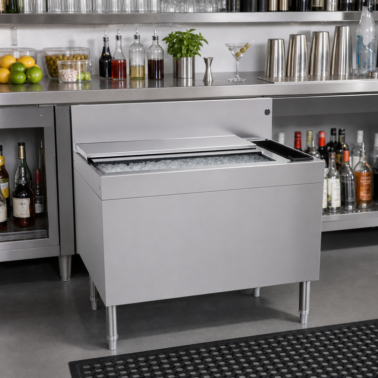Product image #2 for Glastender Extra Deep Underbar Ice Bin/Cocktail Unit with Built-In 10-Circuit Cold Plate and Bottle Storage