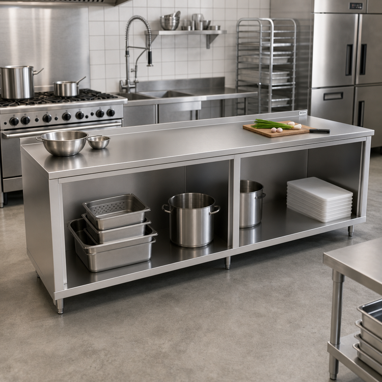 Product image #2 for John Boos 120 Inch x 24 Inch Modular Base Open Front Work Table with 14-Gauge Stainless Steel Top and 1-1/2 Inch Rear Riser