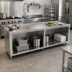 Thumbnail image #2 for John Boos 4CO4R1.5-24120 120-Inch x 24-Inch Open-Front Stainless Steel Cabinet Base Work Table, 14-Gauge 300 Series Top, 1-1/2-Inch Riser