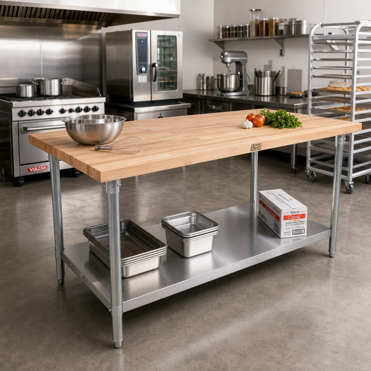 Product image #2 for John Boos 84 Inch x 24 Inch Northern Hard Rock Maple Wood Top Work Table with Adjustable Undershelf