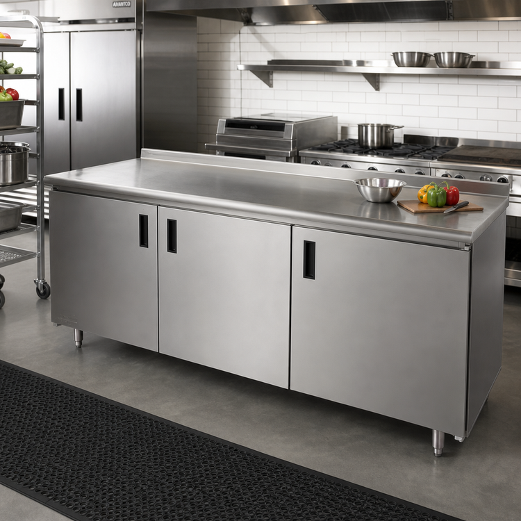 Product image #2 for Advance Tabco 108-Inch x 24-Inch Enclosed Stainless Steel Work Table with 14-Gauge 304 Top, Cabinet Base, and Hinged Doors