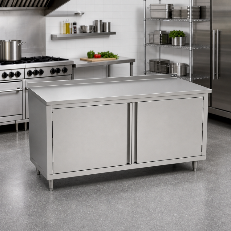 Product image #2 for John Boos 84"W x 24"D Enclosed Work Table with Cabinet Base and Hinged Doors, 14-Gauge Stainless Steel Top