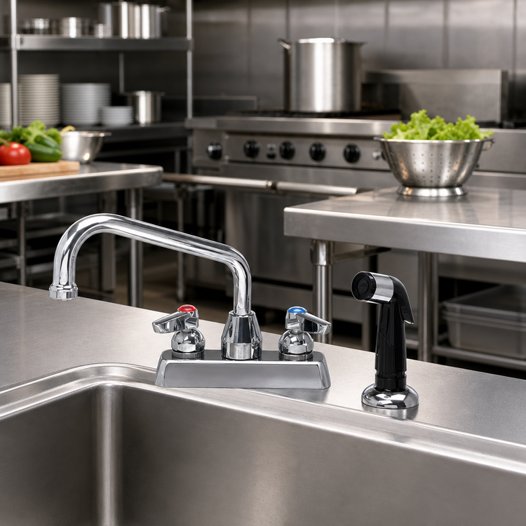 Product image #2 for Advance Tabco Deck Mounted Manual Faucet with Swing Spout and Melt Down Spray Nozzle, 4 Inch Centers