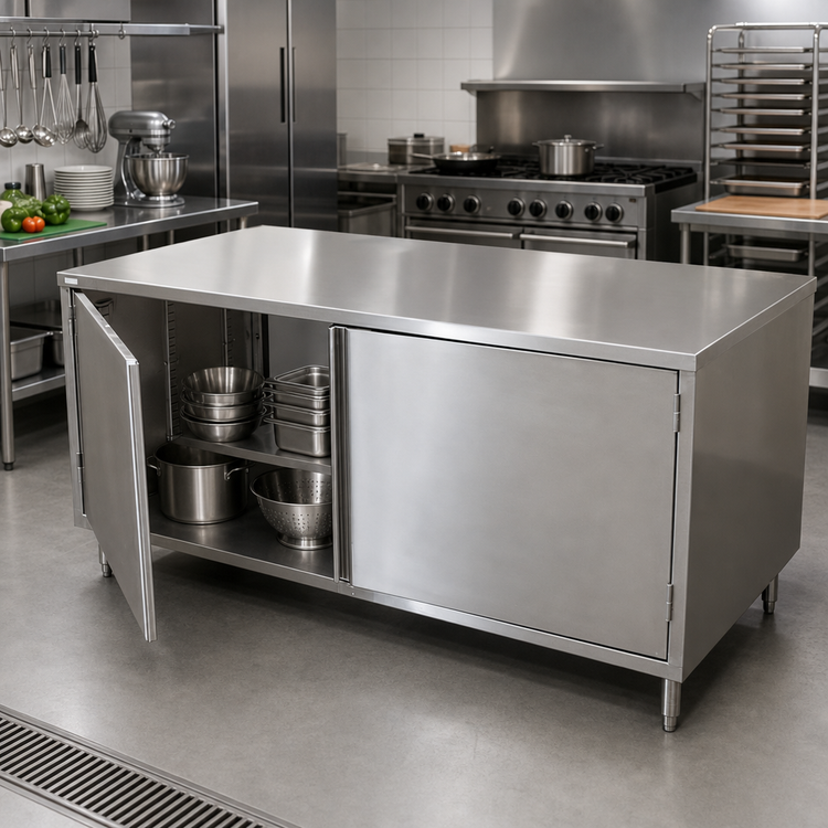 Product image #2 for BK Resources Dual-Access Stainless Steel Chef Table with Cabinet Base, Hinged Doors on Both Sides, 72 x 30 Inch