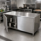 Thumbnail image #2 for BK Resources CST-3072H2 Dual-Access Stainless Steel Chef Table with Hinged Cabinet Doors, 72 x 30 x 34-3/4 Inch