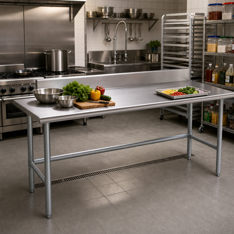 Product image #2 for Advance Tabco 144-Inch x 36-Inch 16-Gauge 430 Stainless Steel Work Table with 5-Inch Backsplash and Galvanized Base