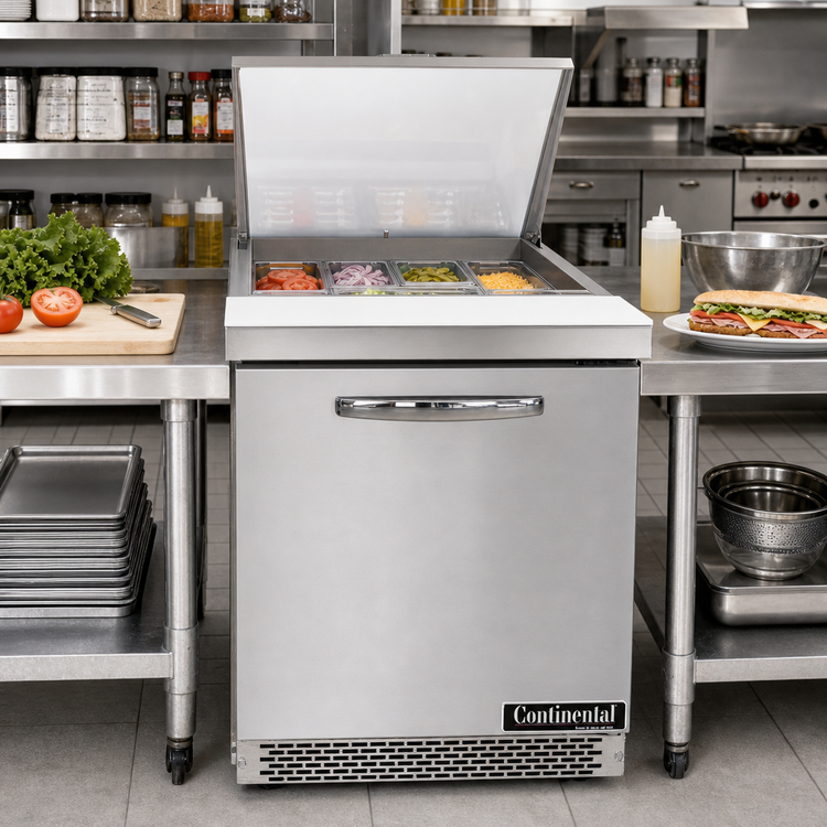 Product image #2 for Continental Mighty Top 27-1/2-Inch Front-Breathing Sandwich Prep Refrigerator with Solid Door, 12-Pan, 7.4 Cu. Ft.