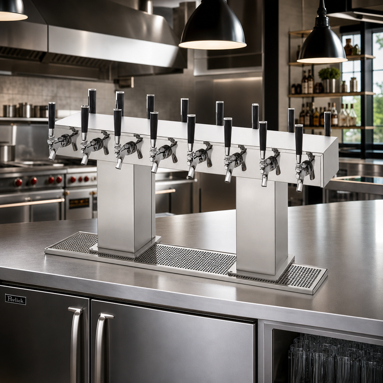 Product image #2 for Perlick Back-to-Back Bridge Tee Countertop Glycol-Cooled Draft Beer Tower, Extra High, 32-Faucet Capacity, Stainless Steel