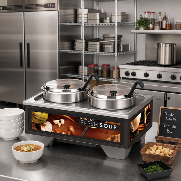 Product image #2 for Vollrath Cayenne Full-Size Rethermalizing Soup Merchandiser Base with 7 Qt Accessory Pack, Tuscan Graphics