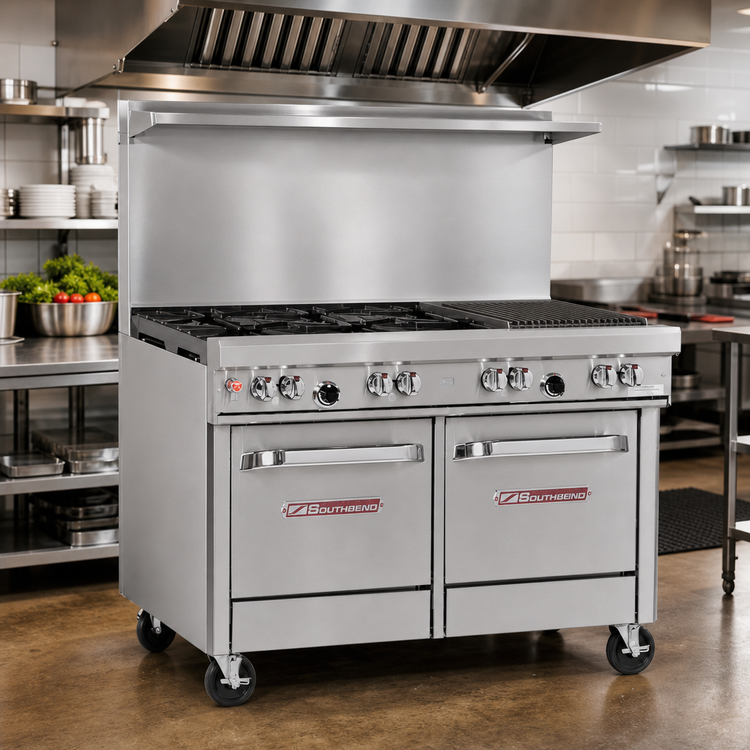 Product image #2 for Southbend Ultimate 48-Inch Gas Restaurant Range with 4 Non-Clog Burners, 24-Inch Charbroiler, Standard Oven and Cabinet Base