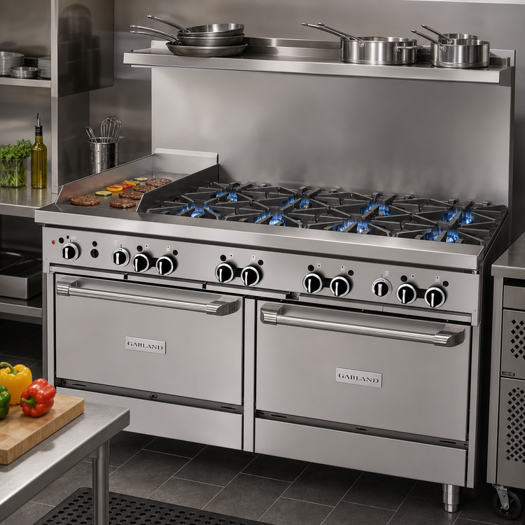 Product image #2 for Garland GFE Starfire Pro 60-Inch Gas Restaurant Range with 8 Open Burners, 12-Inch Griddle, and 2 Standard Ovens