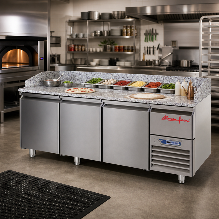Product image #2 for Marra Forni 87.75-Inch Three-Section Refrigerated Pizza Prep Table with Granite Work Surface