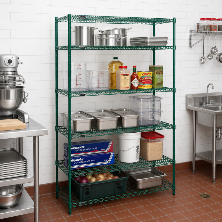 Product image #2 for Redipak 5-Tier Stationary Wire Shelving Unit, 48W x 18D x 63H, Green Epoxy Finish
