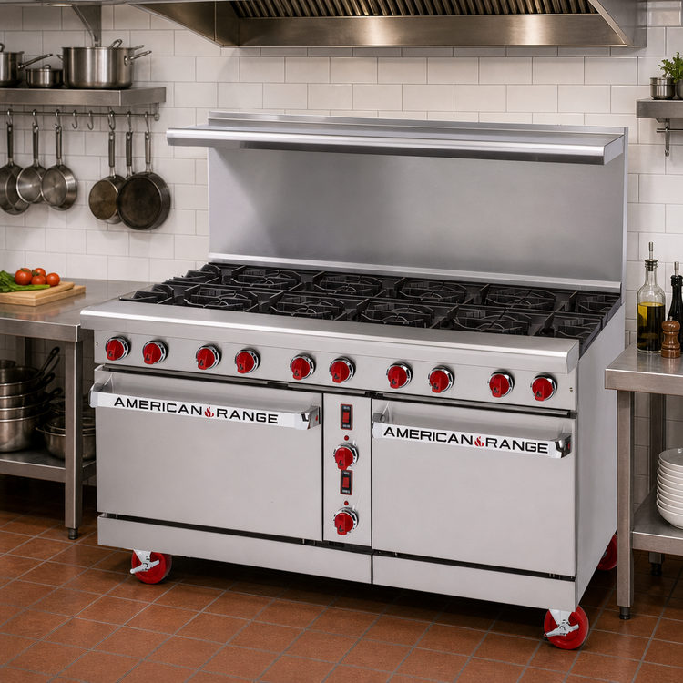 Product image #2 for American Range 60-Inch Green Flame Gas Range with 10 Open Burners, Left Convection Oven and Right Space Saver Oven