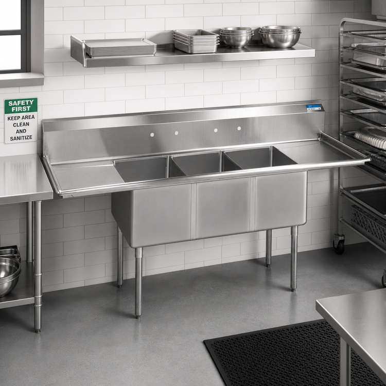 Product image #2 for Economy 3-Compartment Stainless Steel Sink with Dual Drainboards and 24 x 24 x 14 Inch Bowls
