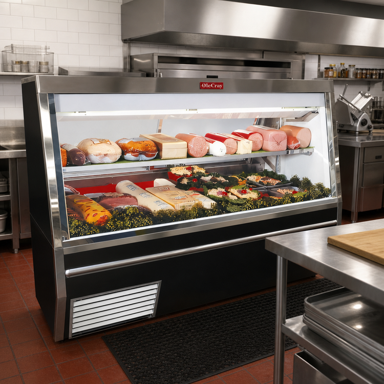 Product image #2 for Howard-McCray 34N Series 120-Inch Remote Double Duty Meat & Cheese Deli Service Case, Straight Glass, LED, Black Exterior / White Interior