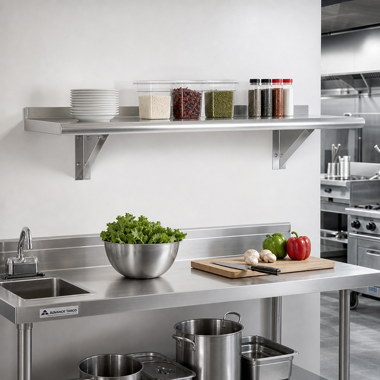 Product image #2 for Advance Tabco 48"W x 15"D Wall-Mounted Stainless Steel Shelf, 16-Gauge 304 Satin Finish