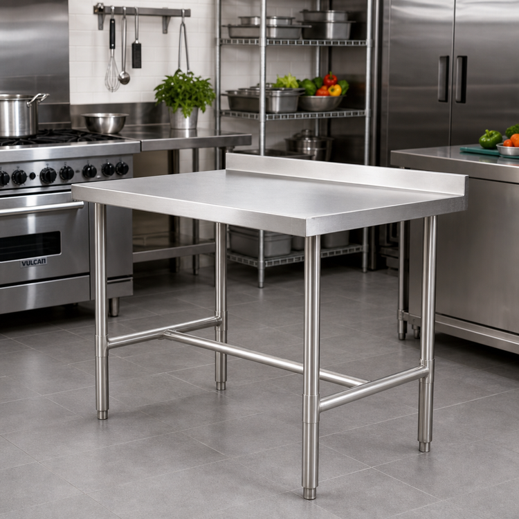 Product image #2 for 48 Inch x 24 Inch Stainless Steel Work Table with 2 Inch Rear Up-Turn and Open H-Base