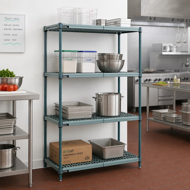 Product image #2 for Quantum 4-Tier Stationary Wire Plastic Mat Shelving Unit, 42 x 18 x 63 Inches, Green Epoxy