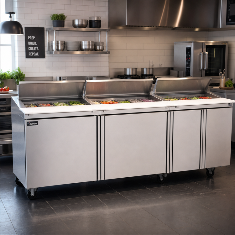 Product image #2 for Delfield Mega Top Three-Section Sandwich/Salad Prep Table Refrigerator, 72 Inch W, 30-Pan