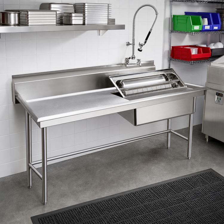 Product image #2 for Eagle Group Straight Soiled Dishtable with 20 x 20 x 5 Inch Pre-Rinse Sink, 96 x 30 Inch, Left-to-Right