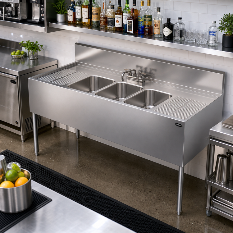 Product image #2 for Krowne Royal Series Three-Compartment Underbar Sink Unit with Left and Right Drainboards, 60-Inch W x 24-Inch D