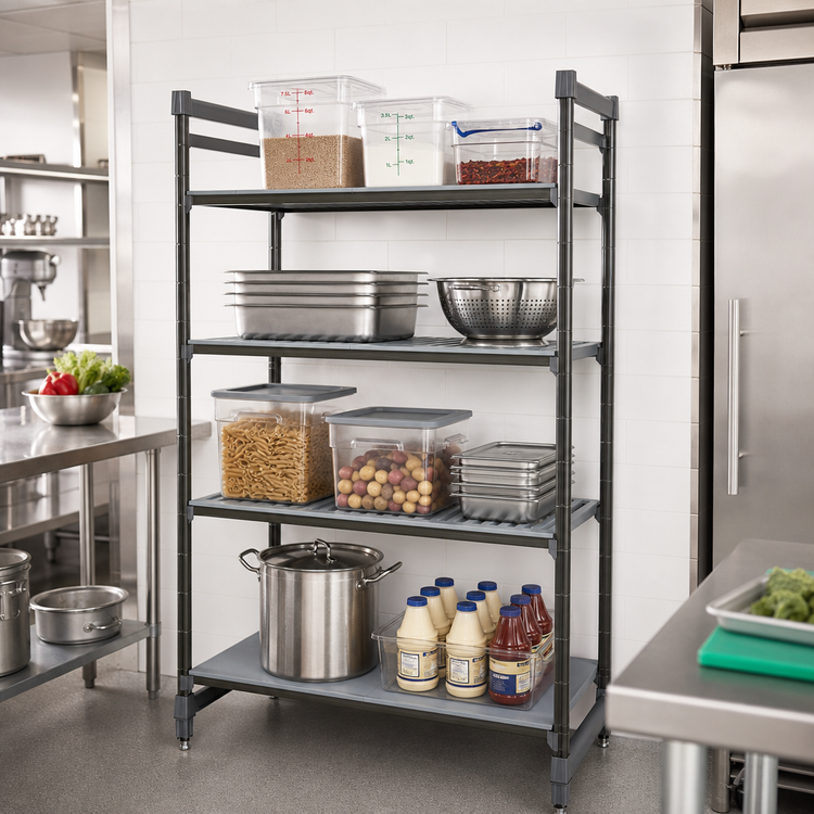 Product image #2 for Cambro Camshelving Basics Plus 4-Tier Stationary Starter Polymer Shelving Unit, 24 x 36 x 64 Inches, Mixed Vented/Solid Shelves, Brushed Graphite